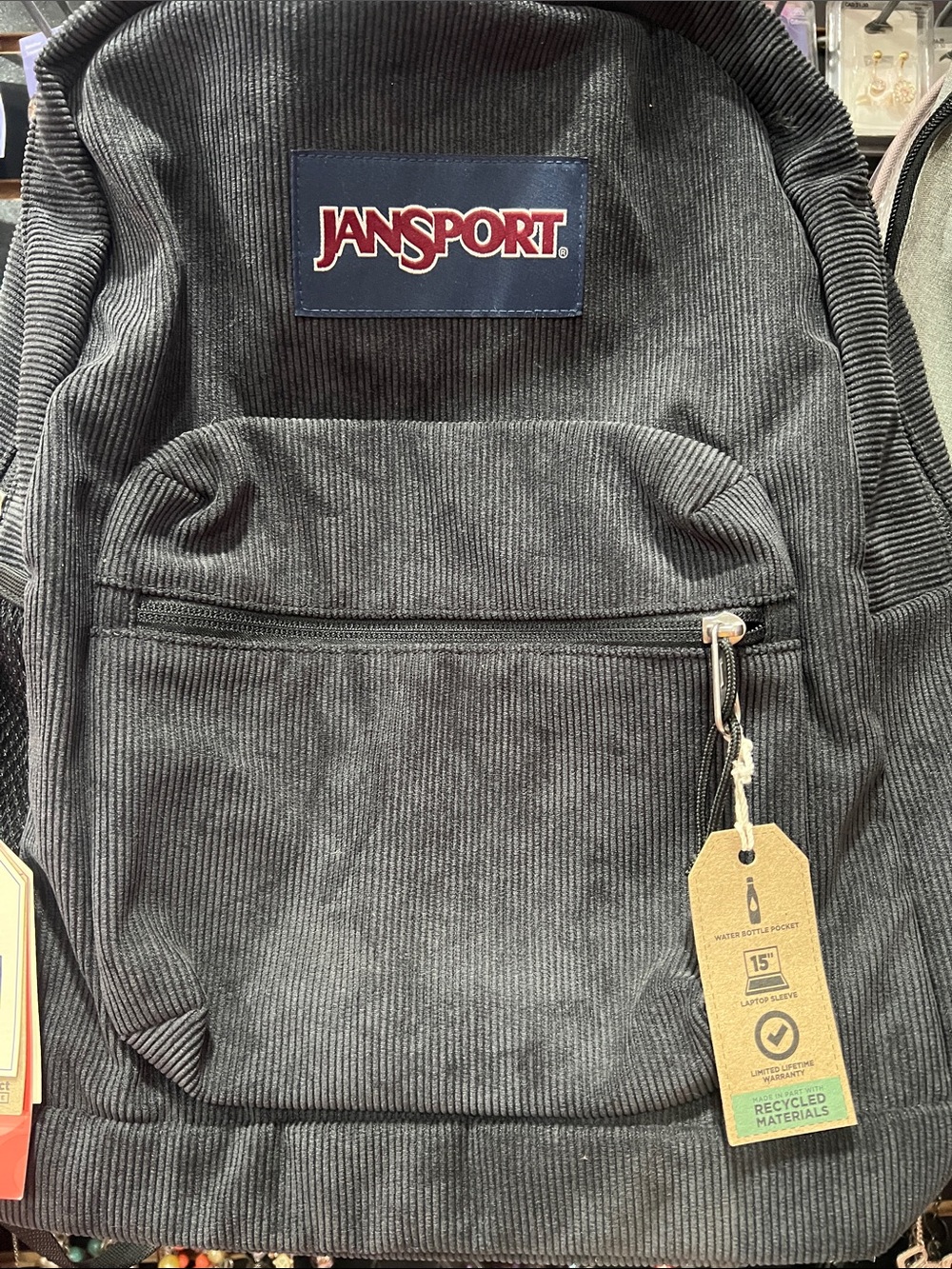 Jansport Black Corduroy Backpack with Navy Logo Patch